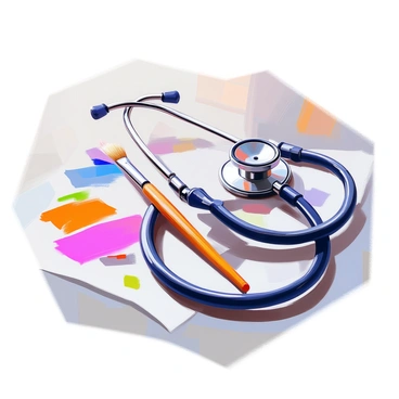 A stethoscope with a black rubber tubing is intertwined with a slender paintbrush featuring a wooden handle and fine bristles. The stethoscope's chest piece reflects light, accentuating its metallic surface. The paintbrush's bristles are slightly splayed, hinting at vibrant colors that could be used for painting. The two objects overlap on a neutral surface, creating a visual representation of the connection between medicine and art. In the background, there are faint hints of color swatches and medical tools to emphasize the theme of healing through creativity.