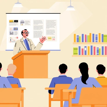 A professor standing at a wooden lectern in a lecture hall, wearing glasses and a tweed jacket. The professor is animatedly gesturing while speaking to a group of attentive students seated in rows. Behind the professor, a large screen displays a colorful slideshow presentation with various historical images and text. The lecture hall is filled with wooden desks and has bookshelves lining the walls. Bright overhead lights illuminate the scene, creating a focused atmosphere for learning.