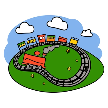 A colorful train with a bright red engine and several vibrant carriages is traveling along a set of train tracks. The tracks are uniquely arranged to form the shape of the number "8", with each curve and turn clearly defined. The scene is set in a sunny environment with a blue sky and fluffy white clouds. The grass on either side of the tracks is a lush green, and there are small flowers dotting the landscape. The train is puffing smoke from its chimney, and the wheels are in motion, creating a sense of movement and adventure.