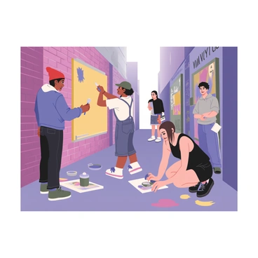 A digital flat illustration depicting a group of four artists collaborating on a vibrant mural in an urban alley. The first artist, on the left, has dark skin and is wearing a blue denim jacket, black jeans, and a red beanie. They are holding a paintbrush and applying bright yellow paint to the mural. The second artist, with medium skin and curly hair, is in the center, wearing a white t-shirt, overalls, and a green cap. They are spray painting a section of the mural in shades of blue. The third artist, on the right, has light skin and is wearing a black tank top and colorful shorts. They are crouching and mixing paints on a palette. The fourth artist is standing in the background, wearing a gray hoodie and blue sweatpants, observing the work and holding a sketchbook. The alley is surrounded by brick walls covered with various graffiti, and there are splatters of paint on the ground.