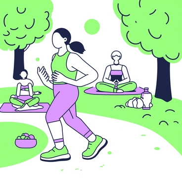 A person is jogging along a tree-lined path, surrounded by lush greenery. The individual is wearing a fitted athletic outfit and running shoes. Their expression is focused and determined as they maintain a steady pace. In the background, there are a few other individuals practicing yoga on mats, showcasing a variety of poses. Nearby, a picnic area features a basket with fruits and water bottles, promoting healthy choices. Sunlight filters through the leaves, casting playful shadows on the ground, creating a vibrant atmosphere of health and activity.