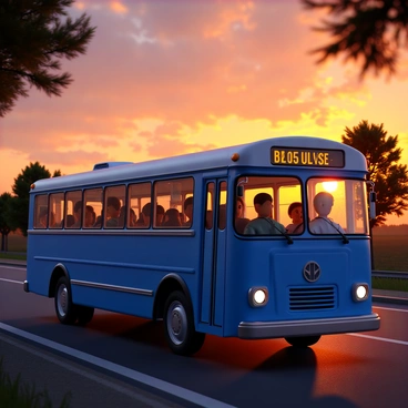 A bus traveling along a road during sunset, with a vibrant sky filled with warm colors like orange, pink, and purple. The bus is a classic model, painted in bright blue, with large windows reflecting the colors of the sky. In the background, silhouettes of trees frame the scene, and the sun is partially visible on the horizon, casting a golden glow. Inside the bus, passengers are seated, some gazing out the windows, while others are engaged in quiet conversations.