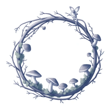 A circular wreath made of intertwined twigs and vines. The wreath is adorned with tiny mushrooms scattered throughout, nestled among patches of lush moss. Several miniature fairy figures are positioned around the wreath, each one delicately crafted with intricate details. The fairies are poised in playful poses, interacting with the mushrooms and moss as if they are part of an enchanting woodland scene. The overall composition is rich with organic textures and a sense of whimsy.