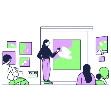 An artist is standing in a gallery showroom while giving a talk about their work. The artist has long hair and is wearing a black turtleneck sweater paired with jeans. They are positioned in front of a large painting that features an abstract design. Surrounding them are several other paintings, each framed and displayed on the white walls. A small audience is gathered, listening intently. The floor of the showroom is polished wood, and the overall ambiance is that of a professional art presentation.