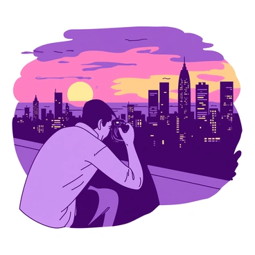 An amateur photographer with a camera is crouched on a rooftop, focused on the view of a city skyline during sunset. The sky is filled with vibrant hues as the sun dips below the horizon, casting shadows across the buildings. The photographer's shirt is a light shade, contrasting with the rich colors of the skyline. In the background, various skyscrapers stand against the colorful sky, their windows reflecting the warm tones of the sunset. The scene captures the excitement and tranquility of the moment.
