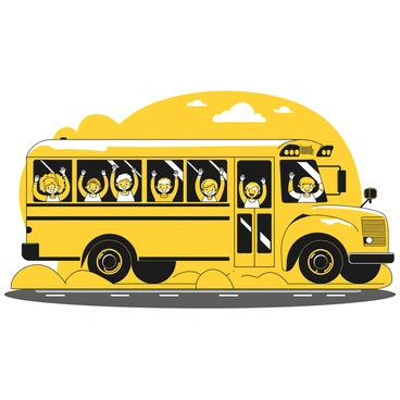 A group of children with bright smiles waving from the open windows of a yellow school bus. The bus is parked on the side of a road, showcasing its shiny new features. Each child has distinct hairstyles and clothing, adding variety to the scene. Some children are holding their hands high while others have excited expressions on their faces. The bus is surrounded by greenery, indicating a sunny day.