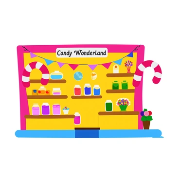 A whimsical candy shop with a bright, colorful exterior. The display window features giant red and white striped candy canes hooked onto the edges, creating an inviting entrance. Inside, various jars filled with vibrant candies are neatly arranged on wooden shelves. Lollipop bouquets in a multitude of colors are placed in cute glass vases on the counter. The shop has a playful atmosphere, with colorful banners hanging from the ceiling. A cheerful sign reads "Candy Wonderland" above the entrance, adding to the enchanting feel of the shop.