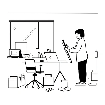 A person is standing in a room, arranging a home office space. They are placing a desk against a wall, which is cluttered with various office supplies. On the desk, there is a laptop open, a stack of notebooks, and a pen holder. The person is wearing comfortable clothing, with short hair and a focused expression. Nearby, there are boxes containing office equipment, such as a printer and a monitor, waiting to be unpacked. A window lets in natural light, illuminating the room filled with scattered paperwork and an ergonomic chair.