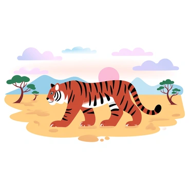 A tiger with orange and black stripes is walking gracefully across the golden grasses of a savannah. The sun is setting on the horizon, casting a warm glow that creates a beautiful gradient of pastel colors in the sky. The tiger's powerful legs move fluidly, leaving faint tracks in the soft earth beneath. Sparse acacia trees dot the landscape, silhouetted against the vibrant sky, and a few distant mountains can be seen in the background. The atmosphere is calm, capturing the essence of nature in this vast open space.