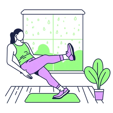 A person is performing calf raises indoors next to a large window. The person is wearing comfortable athletic clothing and has their feet positioned on the ground while lifting their heels. Outside the window, raindrops are visible on the glass, creating a pattern of droplets. The room is well-lit with soft lighting, and the flooring is wooden. There is a potted plant in the corner of the room, and a rug lies beneath the person’s feet.
