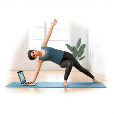 A person, wearing a fitted dark blue tank top and black workout leggings, is positioned on a yoga mat, performing the bird-dog exercise. Their left arm is extended forward, reaching toward the laptop placed on the floor, while their right leg is stretched out behind them. The laptop displays a fitness instructor demonstrating the exercise. The person has a focused expression on their face as they maintain balance. The background includes a bright room with a large window letting in natural light, wooden flooring, and a potted plant in the corner.