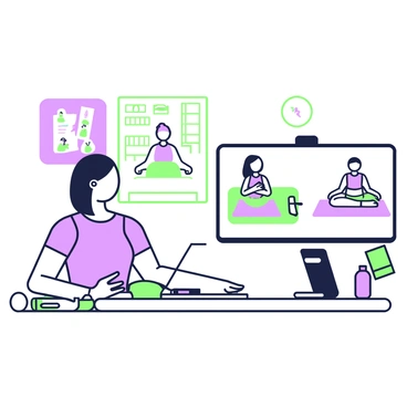 An online instructor is sitting at a desk, facing a laptop with a visible screen displaying engaged participants. The instructor has shoulder-length hair and is wearing a comfortable athletic top. In front of the instructor, there is a yoga mat and a set of resistance bands. The background includes motivational posters related to fitness and well-being. On the screen, multiple participants can be seen in their home settings, some on exercise mats, while others are seated on chairs, all following along with the instructor’s guidance. A water bottle and towel are placed on the desk, suggesting an interactive workout session.