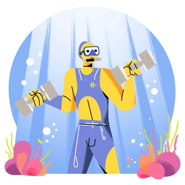 A diver in a sleek, colorful wetsuit performing slow-motion hammer curls with dumbbells in an underwater setting. Bubbles are rising around the diver as they focus on their exercise, showcasing their strong physique. Sunlight filters down from the surface, creating shimmering patterns in the water. The diver is surrounded by vibrant coral formations and small fish, adding to the lively underwater environment. The weights in the diver's hands are silver, reflecting the light as they move through the water.
