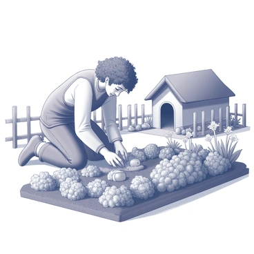 A hobbit kneeling on the ground, carefully tending to a garden. The garden is filled with a variety of flowers and vegetables, showcasing an array of textures and shapes. The hobbit is wearing simple, rustic clothing, with curly hair and large feet visible. There are rows of flourishing plants, including leafy greens and blossoming flowers. The scene features a wooden fence surrounding the garden, and a small, thatched-roof hobbit hole can be seen in the background. The hobbit's hands are gently digging in the soil, surrounded by the abundance of the garden.