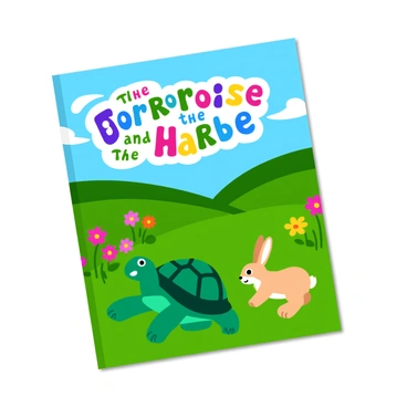 A storybook cover featuring "The Tortoise and the Hare" with a colorful and whimsical title font at the top. The tortoise is depicted as a green turtle with a textured shell, standing confidently on the left side of the cover. The hare is illustrated as a light brown rabbit with long ears, sprinting energetically on the right side. Behind them, a lush green meadow filled with colorful flowers and a bright blue sky can be seen. 