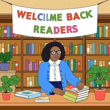 A librarian with medium skin and curly black hair is standing in a cozy library filled with bookshelves. She is wearing glasses, a blue cardigan, and a white blouse, looking focused as she arranges a stack of colorful books on a wooden table. Above her, there is a large banner that reads "Welcome Back Readers" in vibrant letters, hanging from the ceiling. Around her are various books, some open, displaying interesting illustrations. There are also a few potted plants on the table, adding a touch of greenery to the scene. The lighting in the library is warm, creating an inviting atmosphere.
