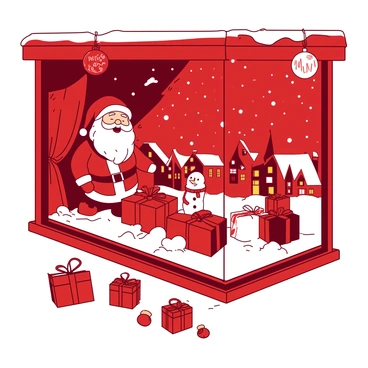 A red Christmas window display features beautifully crafted figures dressed in festive attire that move gracefully. There are Santa Claus and a snowman, both with cheerful expressions, surrounded by elegantly wrapped presents. The display includes an intricate backdrop of a snowy village scene, complete with tiny houses and twinkling lights that sparkle vividly. Flurries of snow appear to fall in the background, enhancing the holiday atmosphere. Colorful ornaments hang from the top of the window, adding to the festive charm of the scene.