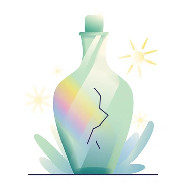 A vintage glass bottle is centered in the image, showcasing a unique shape with an elegant neck and a round base. The bottle has a prominent crack running diagonally, which refracts light in various colors. Sunlight streams through the glass, creating a spectrum of colors on the surface beneath it. The glass has a slight green tint, enhancing its antique appeal. Surrounding the bottle is a soft, blurred background, suggesting a natural setting with hints of greenery and soft earth tones.