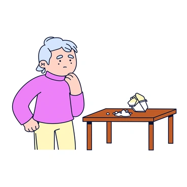A person with a worried expression stands beside a wooden dining table. The person's eyebrows are raised and their mouth is slightly open in surprise. A small salt shaker is tipped over on the table, with white salt spilling out. The scattered salt forms a small pile on the surface of the table. The scene is simple and focuses on the person and the salt shaker as the main elements.