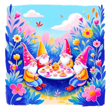 A whimsical garden scene features several cheerful gnomes sitting around a small table set for a tea party. The gnomes are wearing brightly colored hats and outfits, each with unique patterns. The table is adorned with an array of teacups, a teapot, and an assortment of pastries. Surrounding the gnomes are oversized flowers in vibrant colors, such as red, yellow, and blue, while lush green leaves provide a backdrop. Some butterflies are fluttering about, adding to the lively atmosphere. The sky above is clear with a few fluffy white clouds.