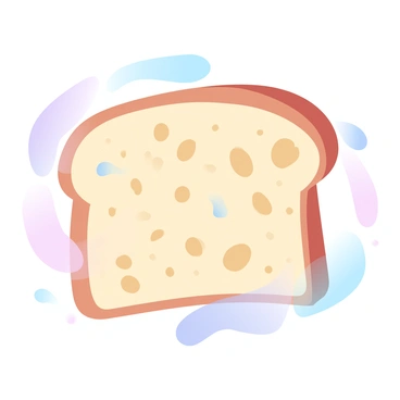 An interior view of a loaf of bread shows the soft, spongy texture with numerous small holes and an airy structure. Within the bread, yeast cells are depicted as small, round shapes, some of which appear swollen as they undergo osmosis. The surrounding dough is illustrated in a gradient of pastel colors, highlighting the contrast between the yeast cells and the bread. The overall composition captures the intricate interplay between the yeast cells and the bread structure.