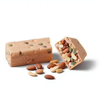 An energy bar, made of a mixture of crunchy nuts and seeds, is broken in half. One half of the bar is tilted slightly, revealing a variety of nuts, such as almonds and cashews, spilling out onto a wooden surface. The light reflects off the shiny, roasted surfaces of the nuts, highlighting their textures. The bar itself is textured and has visible seeds embedded throughout, indicating its nutritious composition.