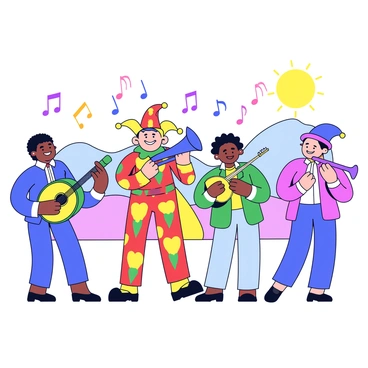 A jester wearing a colorful outfit with alternating patterns of red, yellow, and green stands at the forefront. The jester is playing a bright blue trumpet, with a broad smile on their face. Surrounding the jester are three other musicians: one playing a green drum, another strumming a yellow guitar, and the third blowing into a purple flute. Each musician has a joyful expression. Colorful musical notes in shades of pink, orange, and blue swirl in the air around them, adding to the lively atmosphere of the band. The background features a simple landscape with gentle hills and a bright sun in the sky.
