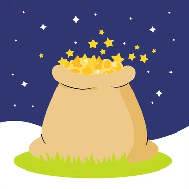A whimsical scene of a sack spilling out glowing stars under a night sky.