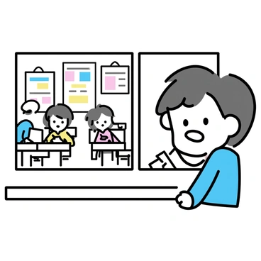 A parent with short brown hair, wearing a blue jacket, is peeking through a classroom window. Their brow is slightly furrowed, and their eyes show concern as they gaze inside. The classroom has colorful posters on the walls and a few desks arranged in neat rows. A group of children can be seen sitting at their desks, focused on their activity.