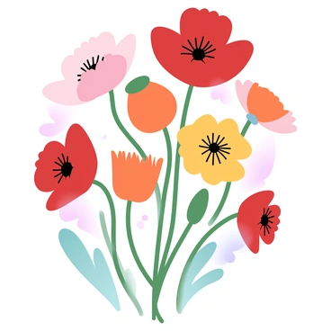 A collection of various poppy flowers is displayed in a portrait-style arrangement. Each flower showcases distinct characteristics, with some having vibrant red petals while others exhibit shades of orange and yellow. The poppies have varying sizes and shapes, with some having delicate, frilled edges and others being more rounded. Green stems are visible, providing contrast to the colorful blooms. The background consists of soft, gradient pastel colors that enhance the overall visual appeal of the arrangement.