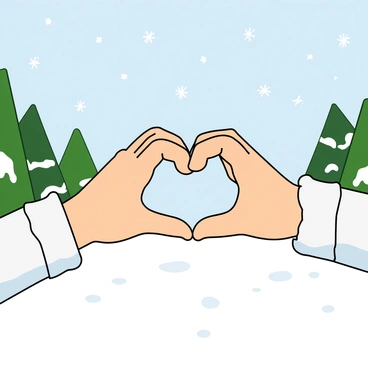 Two hands are positioned in front of a snowy winter landscape, forming a heart shape with their fingertips touching. The hands have a light skin tone and are slightly gloved, with a white fluffy cuff visible. The background showcases a snowy scene, complete with gently falling snowflakes and evergreen trees dusted with white snow. A pale blue sky peeks through the clouds, adding a soft glow to the tranquil atmosphere. The snow-covered ground reflects the soft light, creating a serene and peaceful setting.