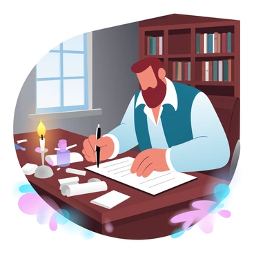 A man dressed in 18th-century attire is sitting at a wooden desk, focused on writing. He is using a quill pen to inscribe on a piece of parchment. The desk is cluttered with various writing instruments, including ink bottles and sheets of paper. A glowing candle on the desk casts warm light, creating soft shadows in the dimly lit room. A large bookshelf filled with books and scrolls is visible in the background, adding to the scholarly atmosphere. The room is adorned with rich wooden beams and has a cozy ambiance.