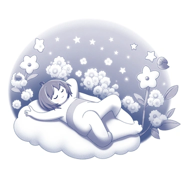 A character named Ichinose is lying on a cloud, with eyes closed in deep slumber. Surrounding Ichinose are various whimsical elements such as oversized flowers, fantastical creatures, and floating stars, all arranged in a dreamlike manner. The background features a night sky filled with stars of different sizes and shapes. Ichinose is wearing comfortable sleepwear, and there is a gentle breeze moving through the scene, causing the flowers to sway slightly.