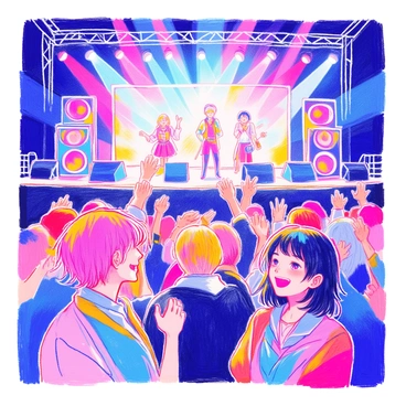 A concert scene features various characters from "Jujutsu Kaisen" enthusiastically enjoying live music. Characters such as Yuji Itadori and Megumi Fushiguro are depicted with their distinctive hairstyles and clothing. The stage is illuminated with vibrant lights in a mix of colors that creates a dynamic atmosphere. The cheering crowd is shown with hands raised and smiling faces, adding to the lively energy of the moment. In the background, there are large speakers and visual effects, enhancing the concert experience.