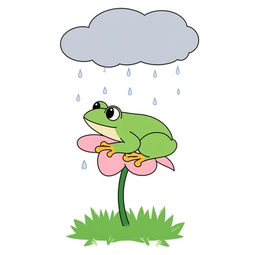 A small green tree frog with large, round eyes is perched on a delicate pink flower. The flower's petals are slightly drooping as the rain falls gently around it. Tiny droplets of water cling to the frog's smooth skin and the flower's surface. Soft gray clouds fill the sky above, and a few raindrops are visible in mid-fall. The frog is gripping the flower’s stem with its tiny toes, creating a lively scene of nature amidst a gentle storm. Nearby, the ground is covered in lush green grass, glistening with moisture.