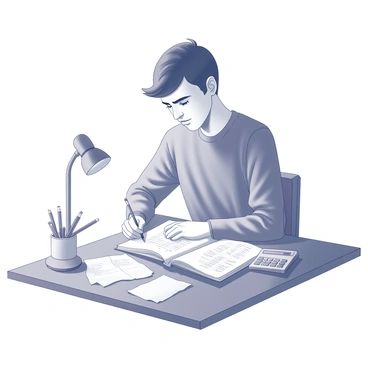 A student is sitting at a wooden desk, focused on their work. They have a notebook open in front of them, filled with handwritten notes and calculations. The student's brow is furrowed in concentration as they use a pencil to write down figures. Beside the notebook, there are some crumpled papers, indicating previous attempts at budgeting. A calculator rests on the desk, and a cup filled with pens is nearby. The lighting from a desk lamp illuminates the scene, casting subtle shadows on the surface. The overall atmosphere reflects a dedicated effort to organize their scholarship funds effectively.