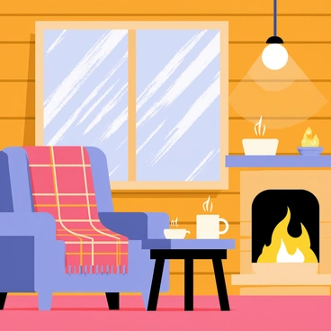 A cozy cabin interior with wooden walls and a warm fireplace glowing with orange flames. The scene includes a frosty windowpane, where thick ice crystals form intricate patterns. Outside the window, a blizzard rages with swirling white snowflakes and strong gusts of wind. Inside, a plaid blanket drapes over a comfortable armchair, and a steaming mug rests on a small wooden table. A soft light emanates from an overhead lamp, creating a warm ambiance against the cold, harsh weather outside.
