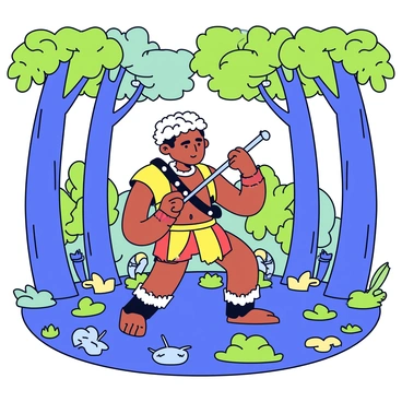 An indigenous hunter is shown crouching low on the forest floor. He wears traditional attire made from natural materials, blending into the surroundings. His face is focused and determined, with sharp eyes scanning the dense foliage around him. Trees rise tall on either side, their trunks thick and gnarled, while vibrant green leaves create a lush canopy overhead. The ground is covered with a mix of leaves and small branches, showing signs of wildlife activity. In the background, hints of movement suggest the presence of animals, but they remain hidden within the shadows of the forest.