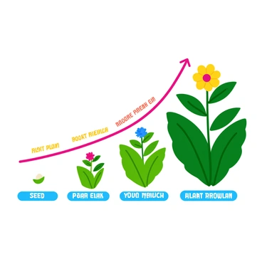 An animated infographic featuring the growth stages of a plant. The illustration shows five distinct stages: a small seed, a sprouting seedling with two leaves, a young plant with a thicker stem and more leaves, a mature plant with vibrant flowers, and finally, a fully grown plant with a rich green foliage and blooming flowers. Each stage is labeled with clear, colorful text that highlights the process of growth. The background is bright and lively, emphasizing the vibrant colors of the plants at each stage.