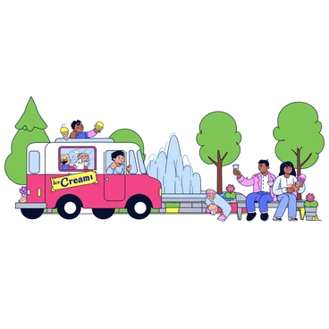 An ice cream van with a bright red and white color scheme is parked next to a city park fountain. The van has a cheerful "Ice Cream" sign on its side in colorful letters. In front of the fountain, several people are sitting on benches, enjoying their ice cream cones. A child is pointing excitedly at the fountain while a couple relaxes together, smiling. The fountain has water actively flowing, creating a refreshing atmosphere around the scene. Green trees and colorful flowers surround the area, adding a lively touch to the park.