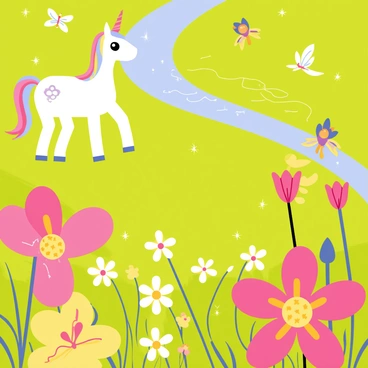 A lush meadow filled with a variety of magical creatures, including a small, sparkling unicorn with a rainbow mane and a group of playful fairies fluttering around. The bright green grass is dotted with vibrant, oversized flowers in shades of pink, yellow, and blue. The flowers have intricate patterns on their petals, and some have delicate butterflies resting on them. In the background, there is a sparkling stream flowing gently, adding to the enchanting atmosphere of the scene.