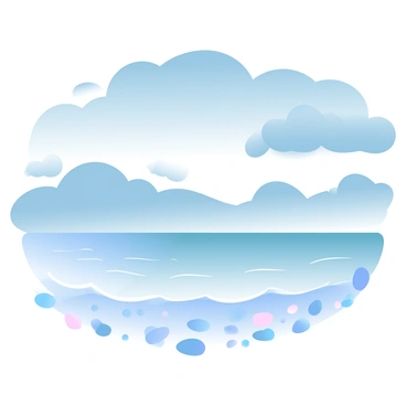 Dark clouds are gathering in the sky over a calm seaside. The ocean is calm, with gentle waves lapping at the shore. The shoreline is dotted with smooth pebbles and a few scattered seashells. In the distance, the horizon meets the clouds, creating a dramatic contrast against the soft colors of the water. The atmosphere depicts a sense of anticipation of an impending storm.