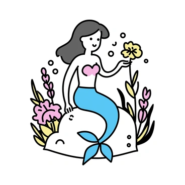 A mermaid with long flowing hair, sitting gracefully on a rock. She is wearing a shimmering tail and is surrounded by an underwater garden. The garden is filled with various exotic sea plants, including colorful corals and delicate seaweed. The mermaid is gently placing her hand on a vibrant sea flower, with bubbles rising around her. Light filters through the water, highlighting the delicate textures of the plants and the scales of her tail.