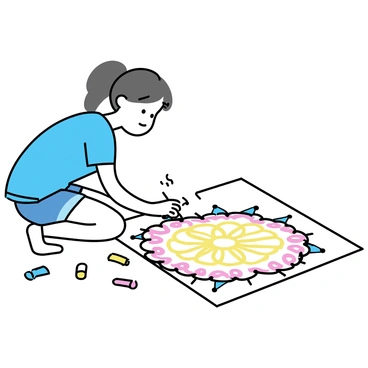 A young woman named Sarah is kneeling on a sidewalk, focused on her artwork. She has long brown hair tied back in a loose ponytail and is wearing a blue t-shirt and denim shorts. Around her are various pieces of brightly colored chalk scattered on the ground. Sarah is drawing a large, intricate mandala design in vibrant colors, with detailed patterns and loops. Her expression is one of concentration as she carefully adds the finishing touches to the chalk art, which covers a significant portion of the concrete surface.