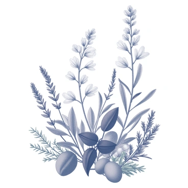 A detailed composition featuring a variety of plants and herbs. The image showcases several types of leaves with distinct shapes and textures arranged artfully. There are tall stems with delicate flowers blooming at the tops, each exhibiting unique petal formations. The illustration includes a selection of herbs, such as basil and rosemary, their sprigs displayed prominently. Additionally, the scene incorporates various green foliage, enhancing the botanical diversity. Each element is rendered with precision, capturing the intricate details of the plants' structures.