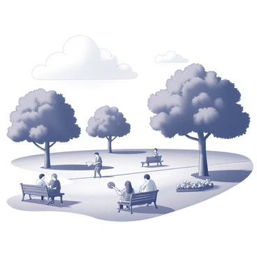 A park with a wide expanse of grass and several large trees. The clouds create a soft light overhead, casting gentle shadows on the ground. In the foreground, a few individuals are seated on benches, some reading books, while others are engaged in quiet conversation. Nearby, a couple of children are playing with a frisbee, their laughter echoing through the park. A small pathway winds through the scene, lined with well-maintained flower beds.