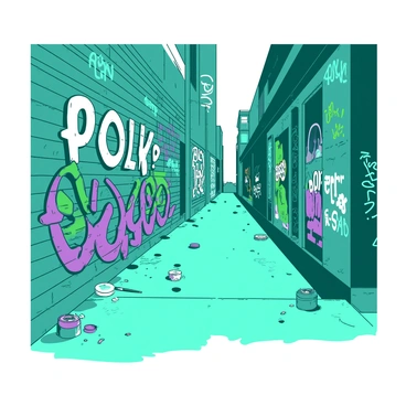 A teal alleyway features a multitude of elaborate graffiti and street art covering the brick walls. The walls are adorned with vibrant murals showcasing intricate designs, bold shapes, and colorful characters. Various tags and artistic expressions are scattered throughout, creating a dynamic visual tapestry. The ground is a mixture of concrete and scattered debris, with a faint reflection of light illuminating the vivid artwork. A few scattered paint cans and brushes lie at the base of the walls, suggesting recent creative activity.