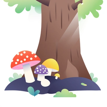 A cluster of variously shaped mushrooms is growing at the base of a large, sturdy tree trunk in a forest. The mushrooms display a range of vibrant colors, including red, yellow, and purple, with intricate patterns on their caps. The tree has a rough, brown bark texture, and its roots are partially exposed above the rich, dark soil. Surrounding the mushrooms are small patches of green moss and fallen leaves, adding to the forest floor's natural appearance. Sunlight filters through the tree branches, casting soft shadows over the scene.