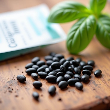 A close-up view of small, dark basil seeds scattered across a rustic gardening table. The surface of the table is textured with wood grain, showing signs of use with soil smudges. In the background, a small, opened seed packet sits partially visible, with a label featuring a "basil" graphic. Soft, natural light highlights the glossy surface of the seeds, creating gentle reflections. A few green leaves from a basil plant are blurred in the background, suggesting growth and connection to the seeds.
