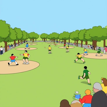 A vibrant scene depicting a local kickball tournament taking place in a sprawling park. There are multiple kickball fields side by side, each featuring teams in colorful uniforms. One field showcases a team in bright red shirts and blue shorts, with players energetically running around the bases. Another field has a team in yellow shirts and green shorts, with a player poised to kick the ball. Spectators, including children and adults, are gathered along the sidelines, some holding snacks and drinks, cheering for their teams. In the background, trees with lush green leaves provide shade, and a clear blue sky stretches overhead, emphasizing the lively atmosphere of the day.